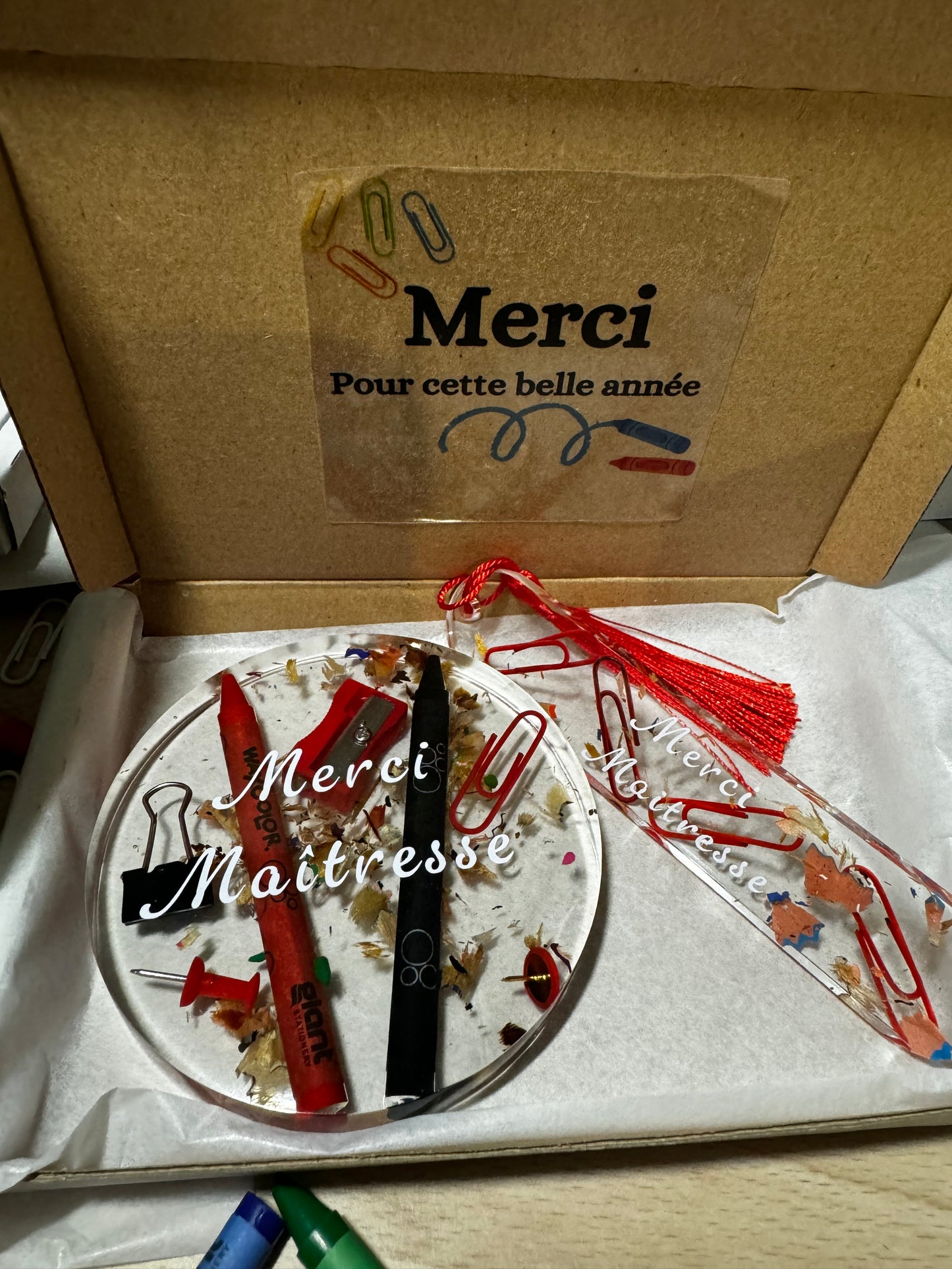 Coffret cadeau Maîtresse personnalisé – Dessous de verre + Marque-page