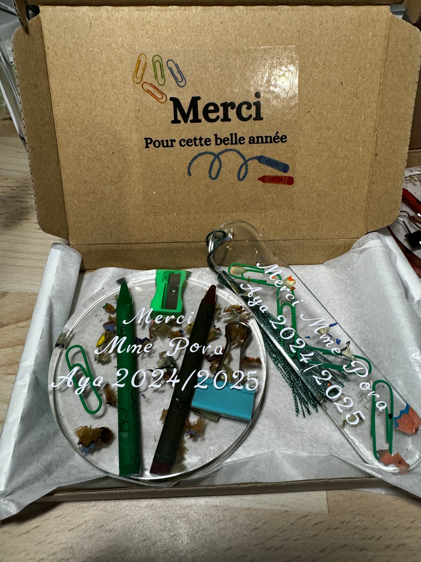 Coffret cadeau Maîtresse personnalisé – Dessous de verre + Marque-page